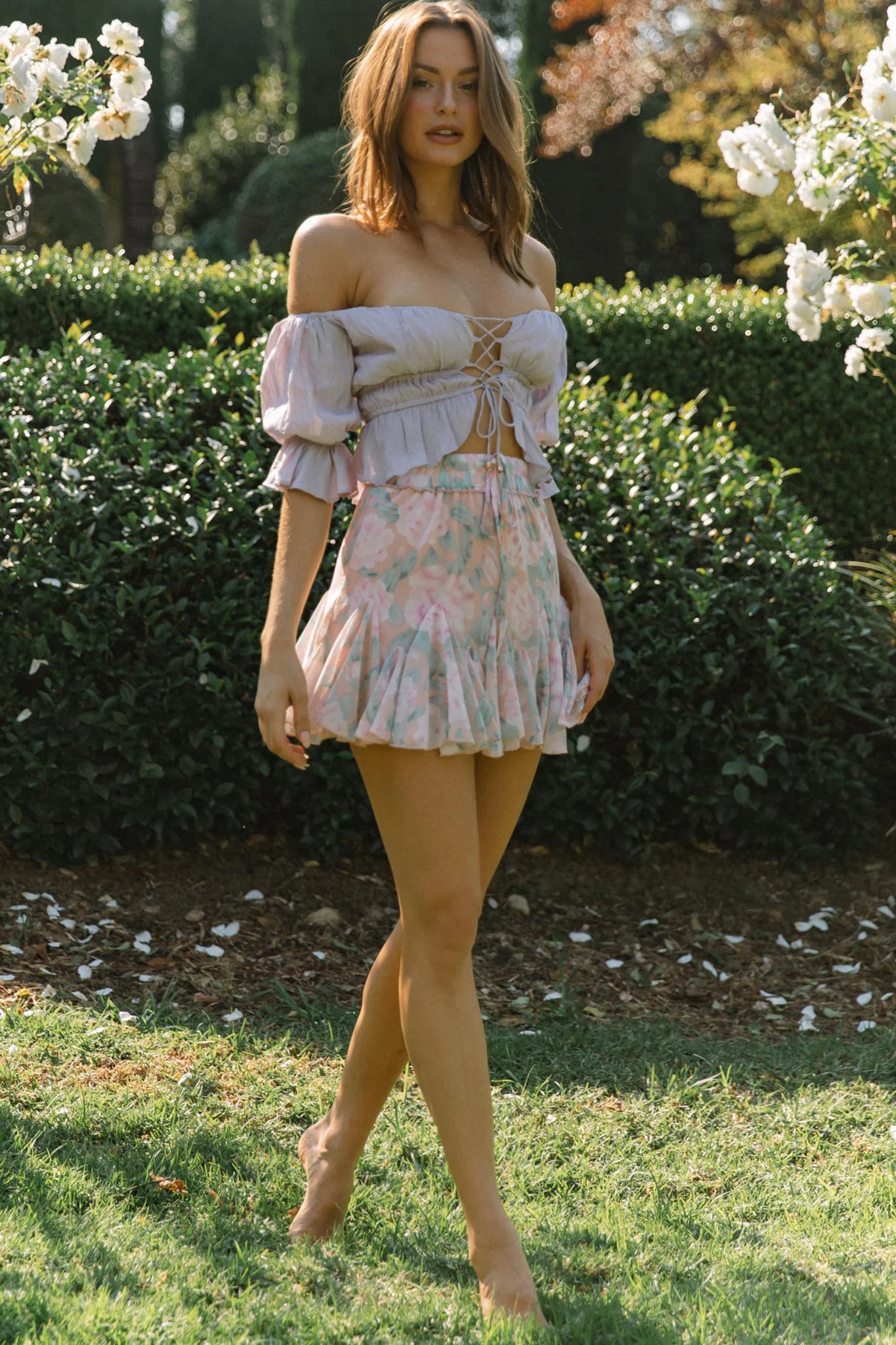 Josephina Off-Shoulder Lace-Up Front Crop Top Lilac