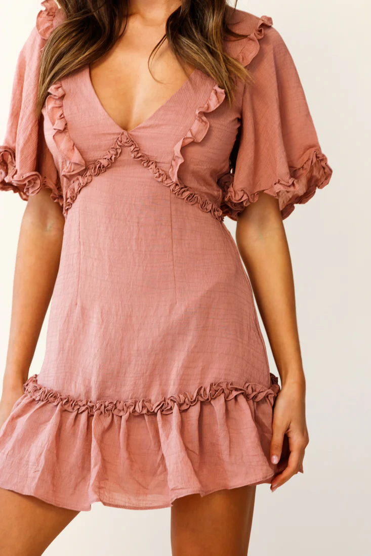 Halo V-neckline Frill Detail Dress Rose