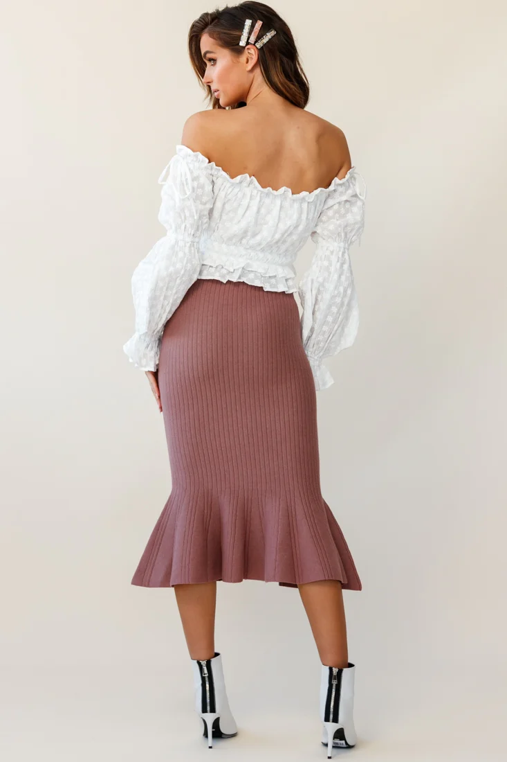 Shalon Ribbed Knit Fluted Hem Midi Skirt Antique Rose