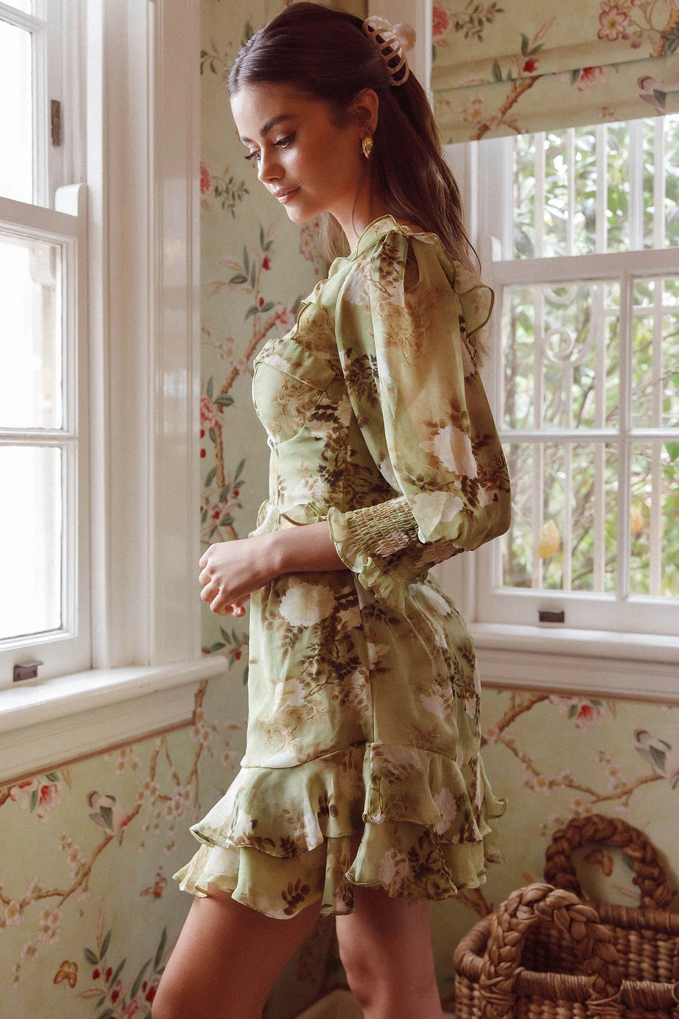 Desiree 3/4 Sleeve Sweetheart Neckline Frill Dress Floral Green