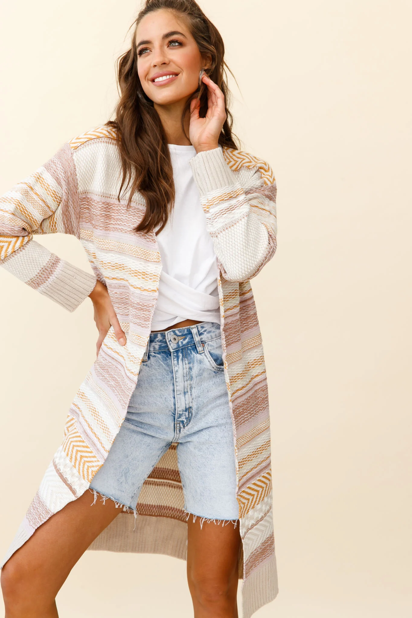 Sabine Long Line Textured Knit Cardigan Beige