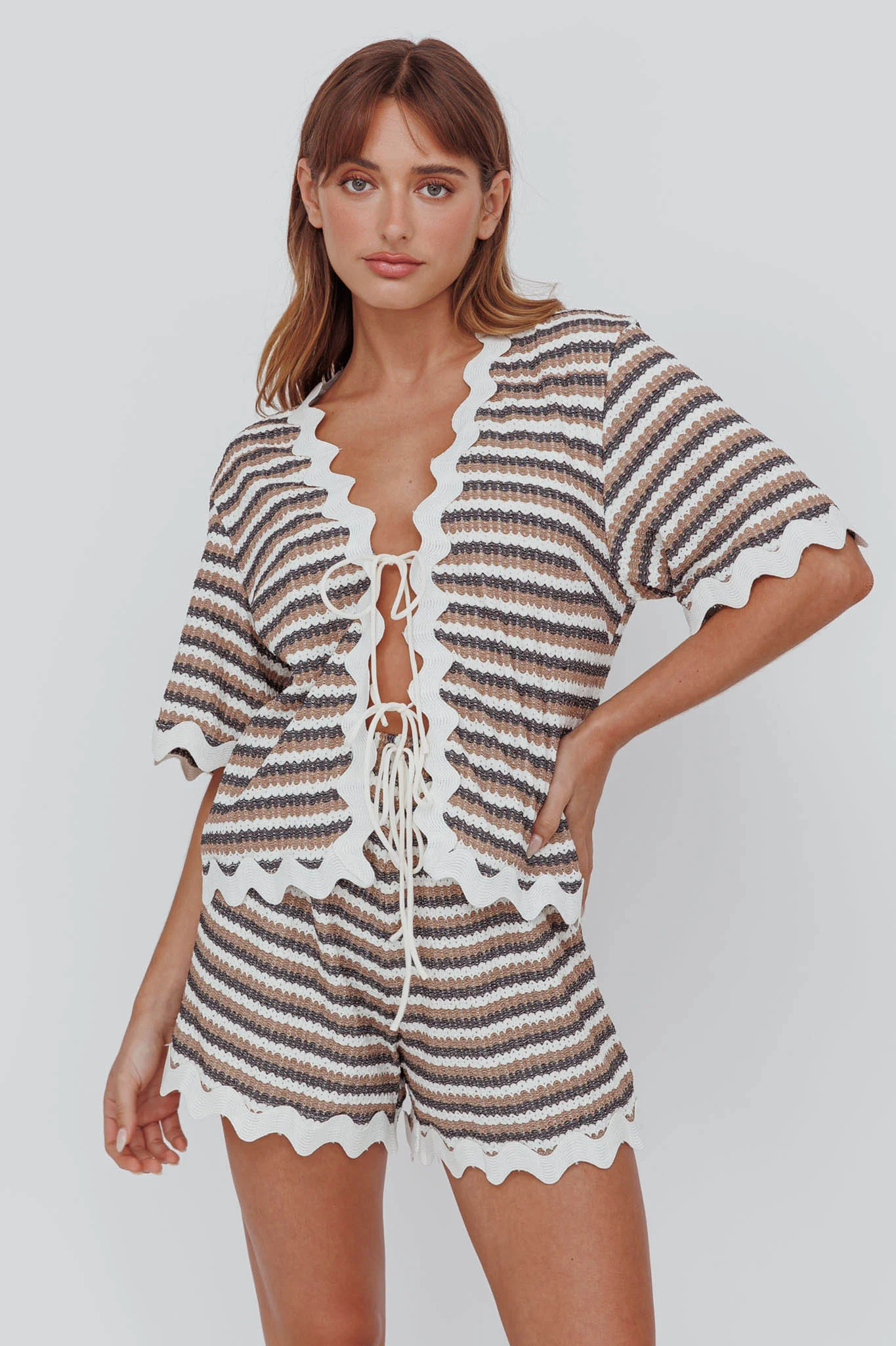 Breakaway Tie Front Shirt Stripe Mocha