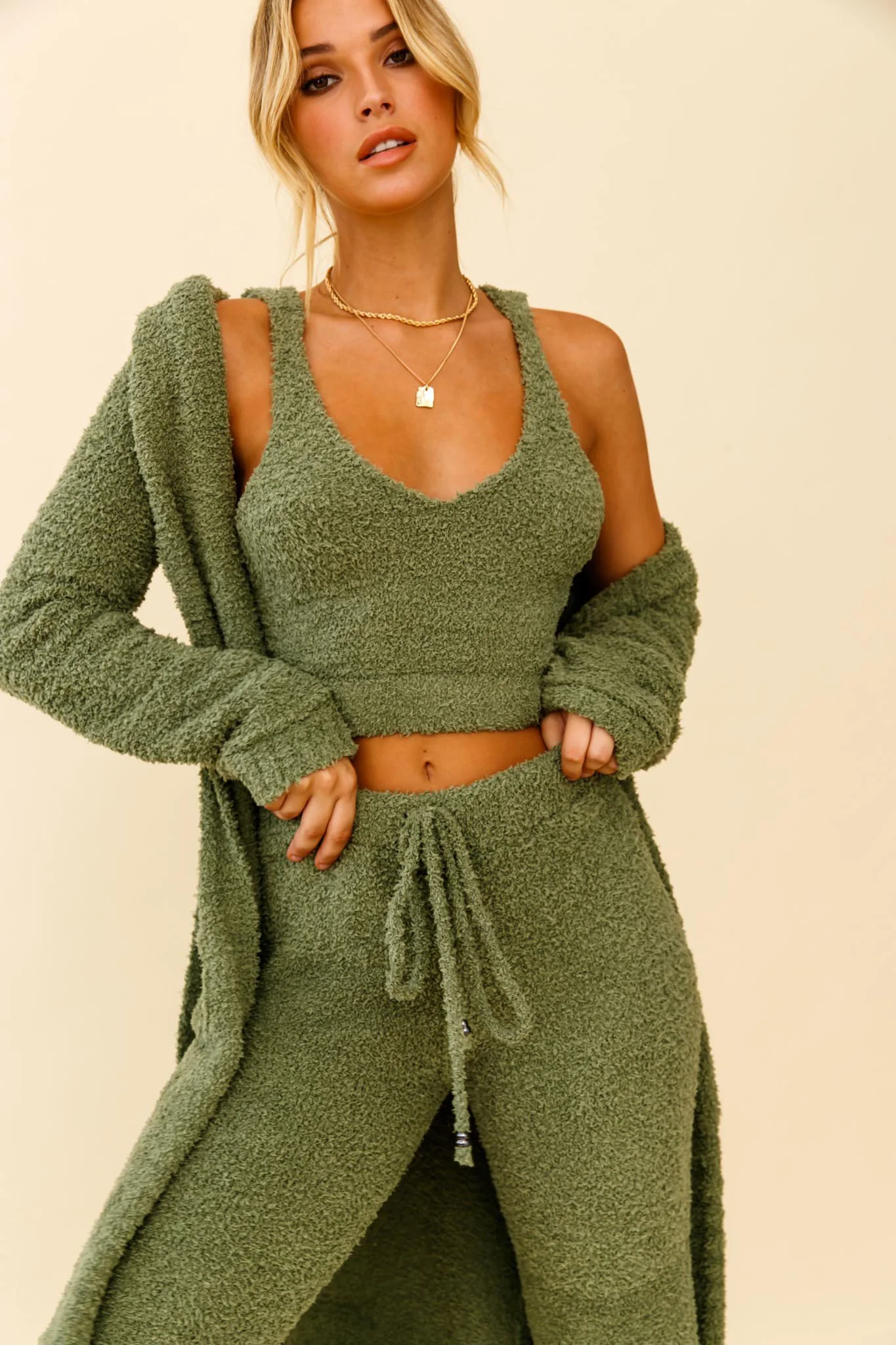 My Girl Fuzzy Knit Thick Strap Crop Top Sage