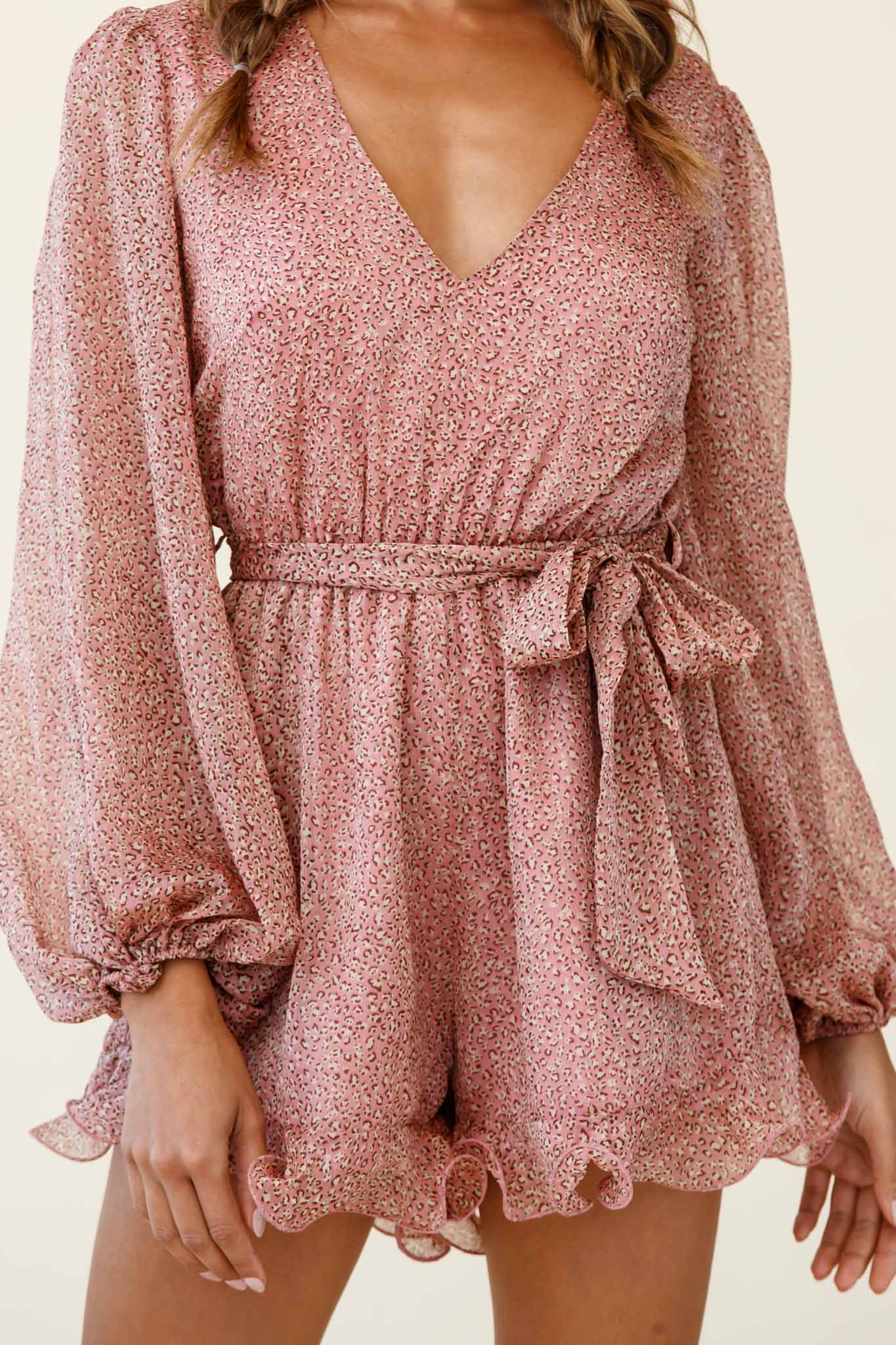 Hilda Long Sleeve Waist Tie Romper Leopard Print Blush