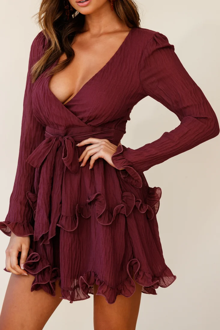 Greta Tiered Ruffle Chiffon Dress Wine