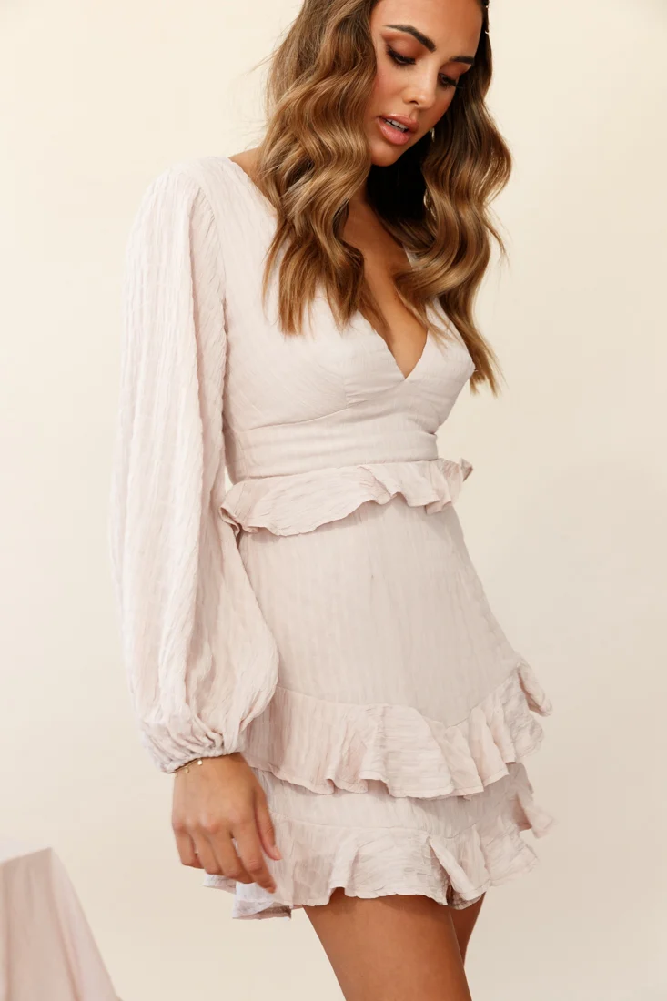 Queenie Long Balloon Sleeve Ruffle Trim Dress Beige