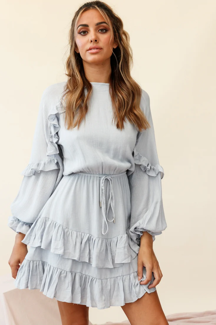 Best Wishes Long Sleeve Frill Detail Dress Grey