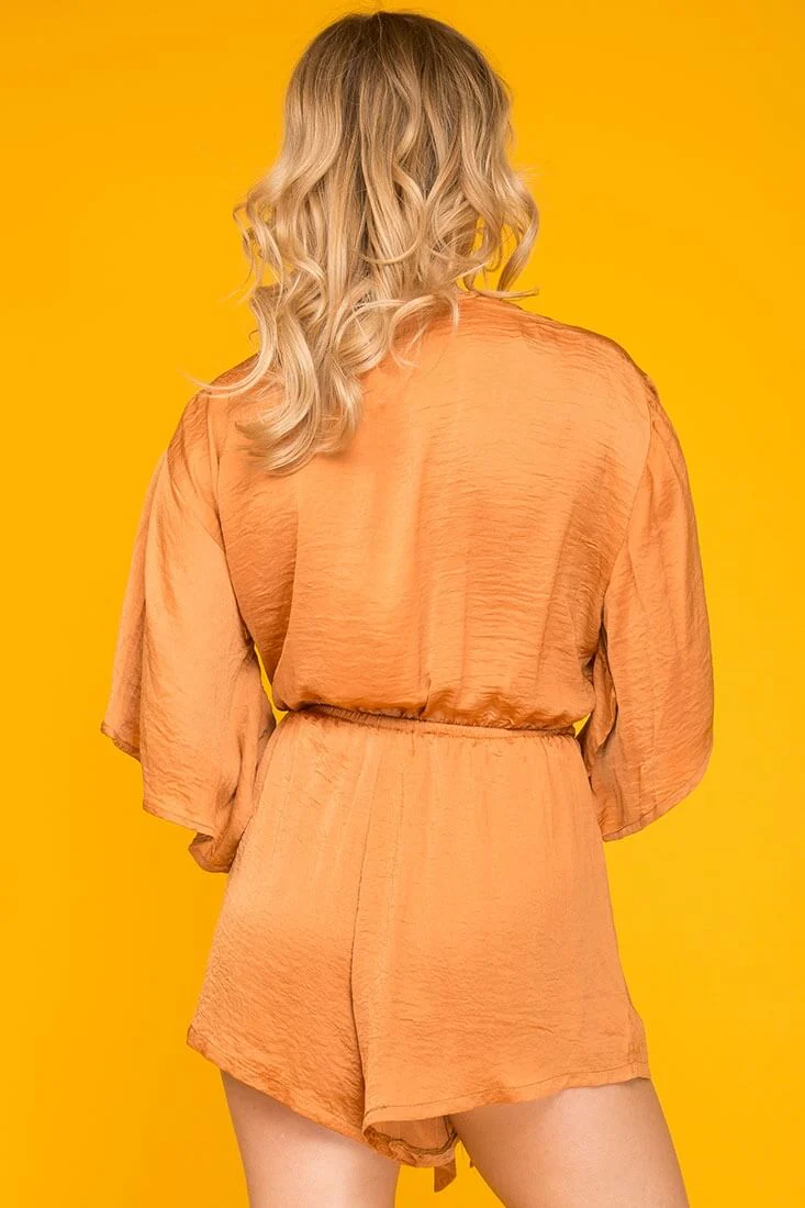 Serenity Wrap Around Bell Sleeve Romper Tan