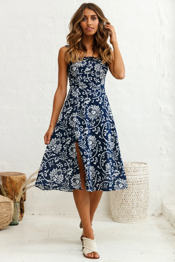 Magdalene Frill Strap A-Line Midi Dress Floral Print Navy