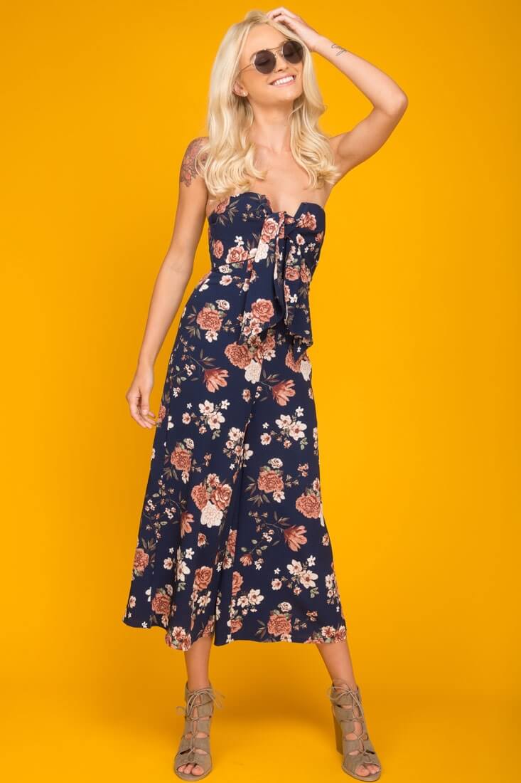 Khloe Floral Summer Bow Tie Jumpsuit Navy