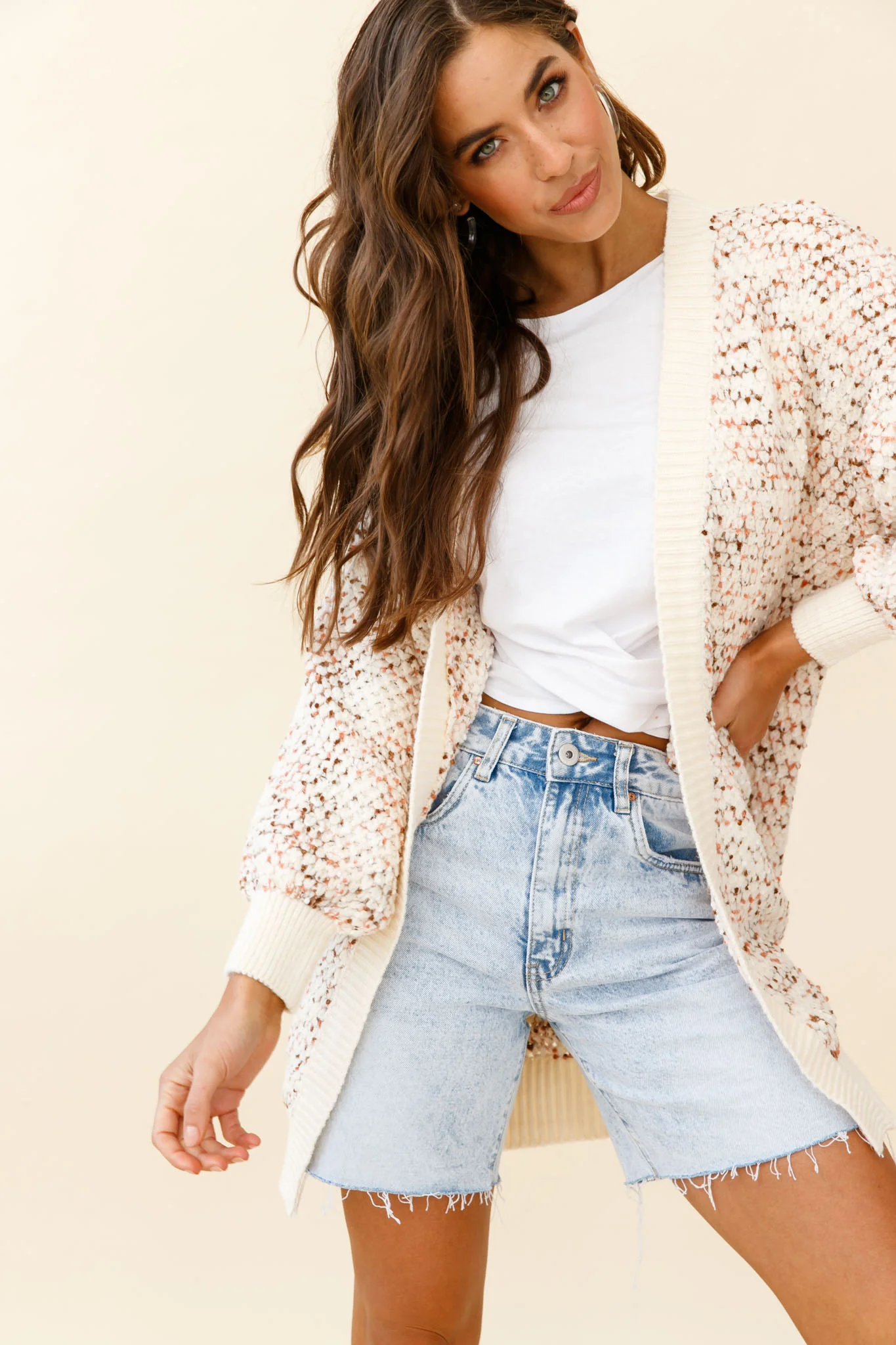 Elsey Lantern Sleeve Long Cardigan Textured Cream