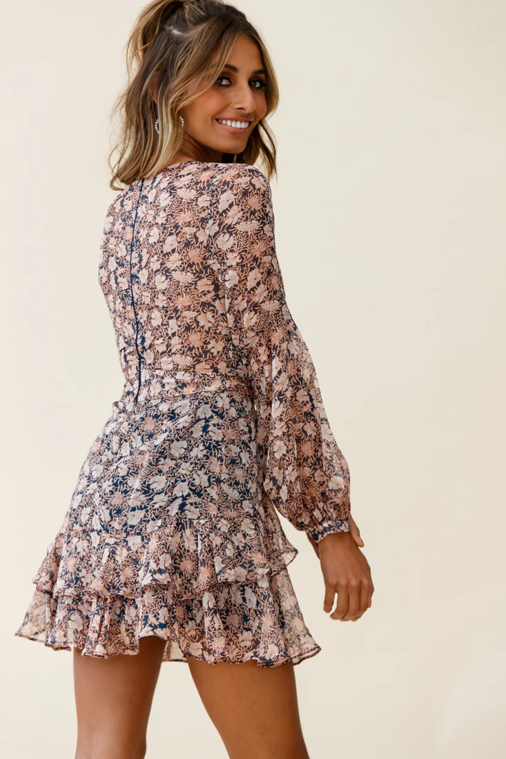 Kerry Layered Balloon Sleeve Dress Floral Print Navy