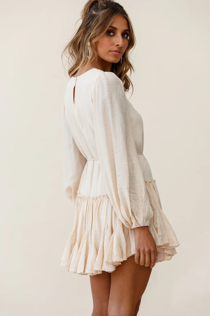 Rosabel Balloon Sleeve Fluted Hem Dress Beige