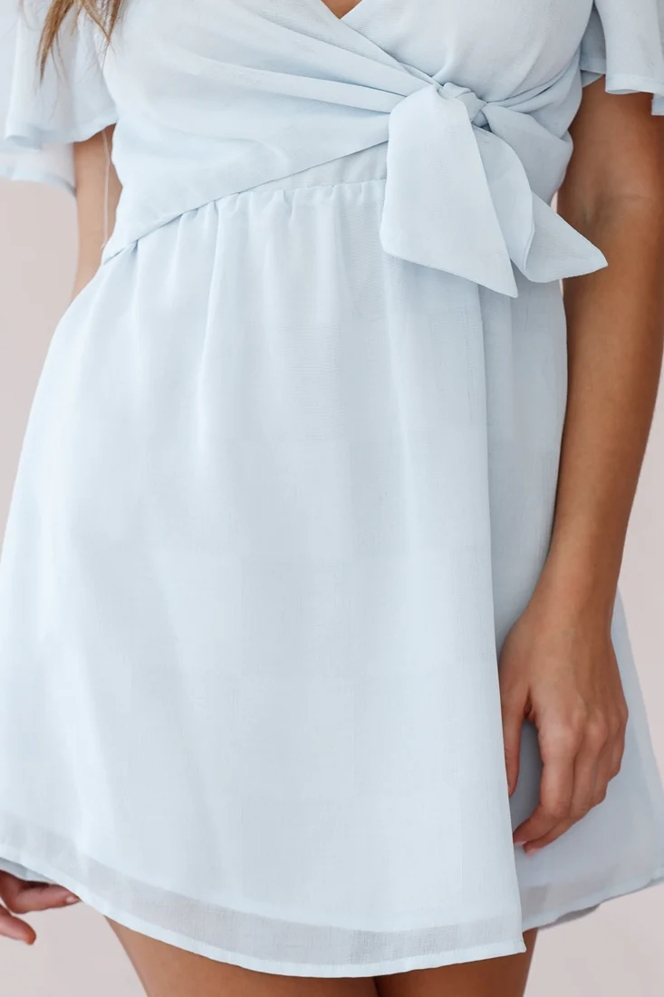 Stealing Hearts Flutter Sleeve Wrap Front Dress Blue