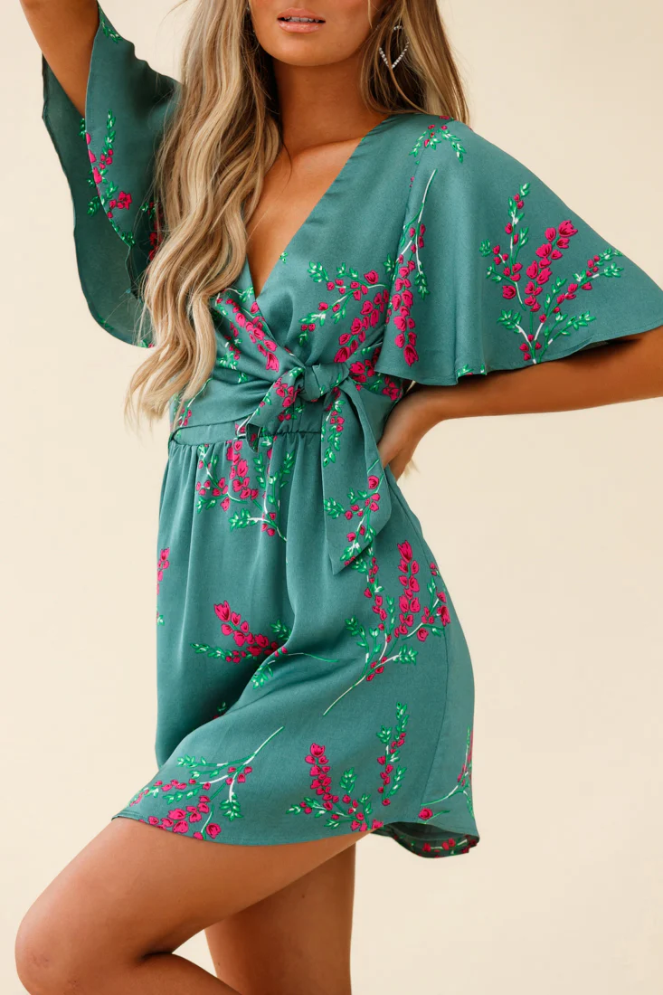 Stealing Hearts Flutter Sleeve Wrap Front Dress Floral Print Olive