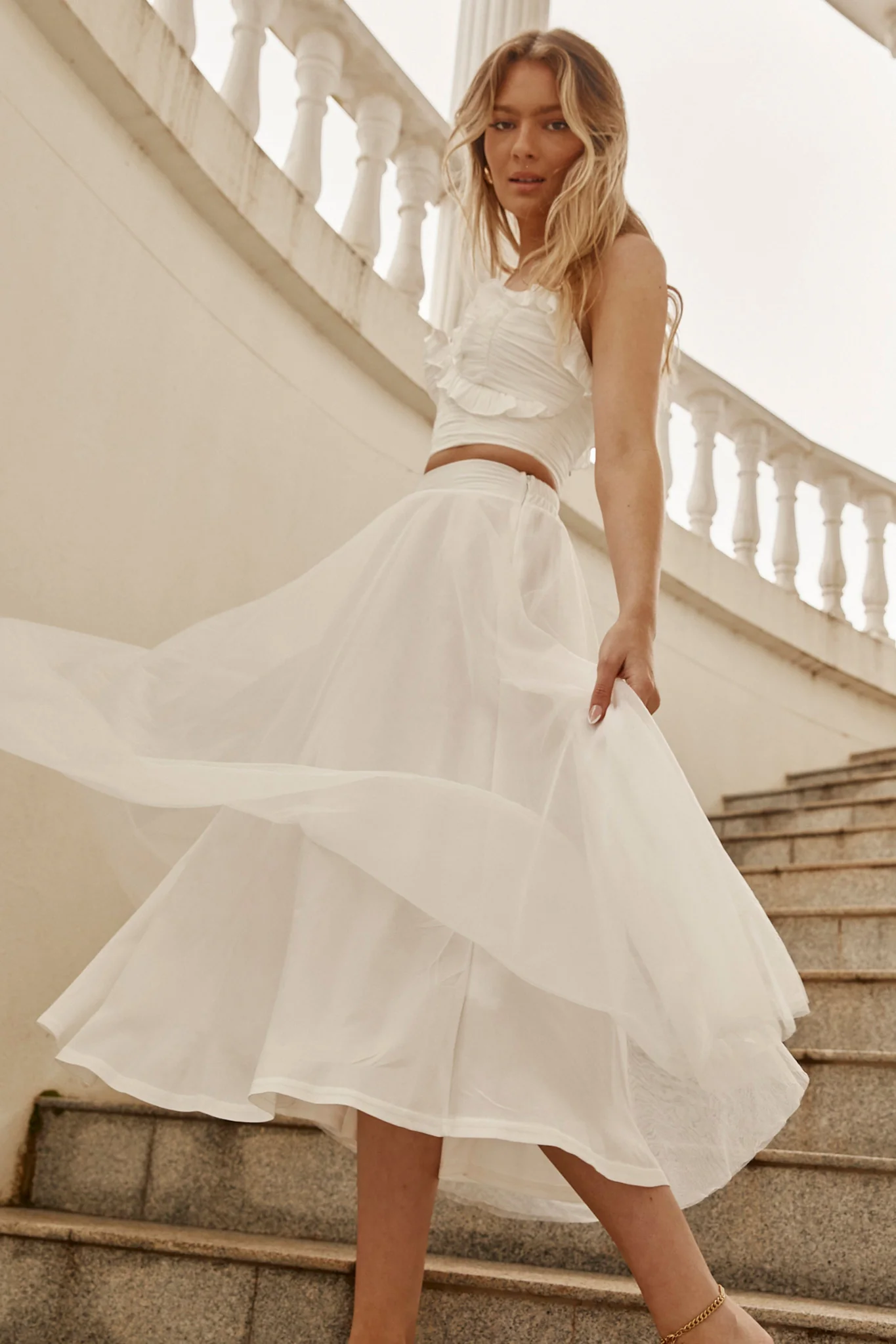 Jasmine Organza Mesh Elasticated Waist Midi Skirt White