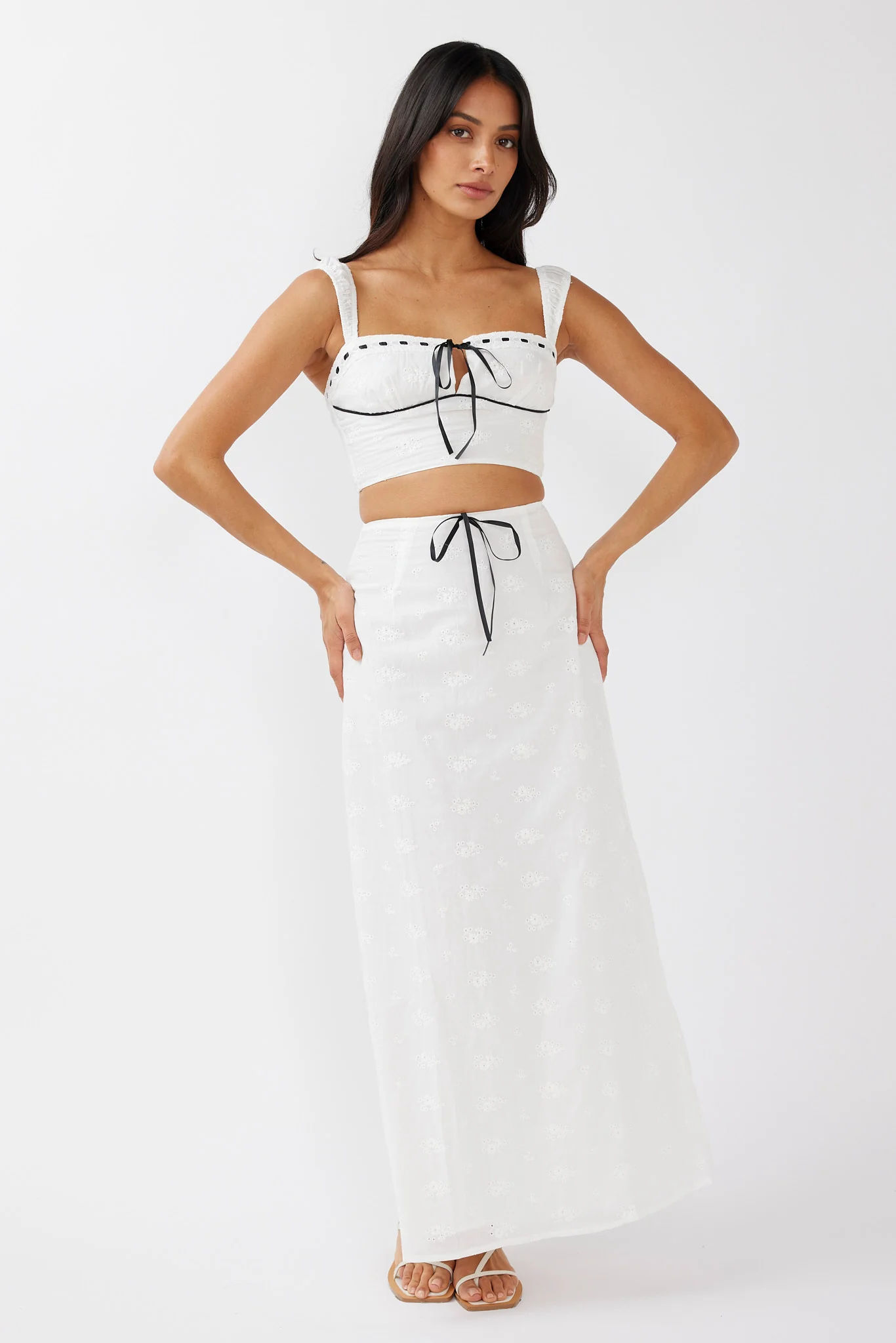 Helga Eyelet Embroidery Bow Crop Top White