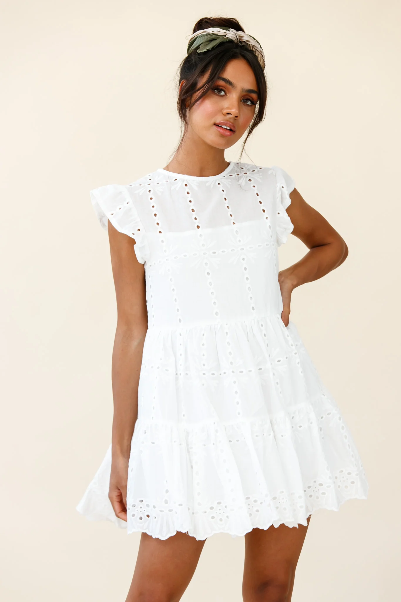 Louise Cap Sleeve Eyelet Embroidery Dress White