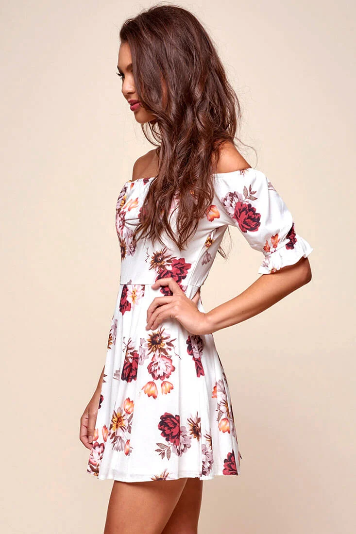 Hera Off the Shoulder Fit and Flare Floral Dress White