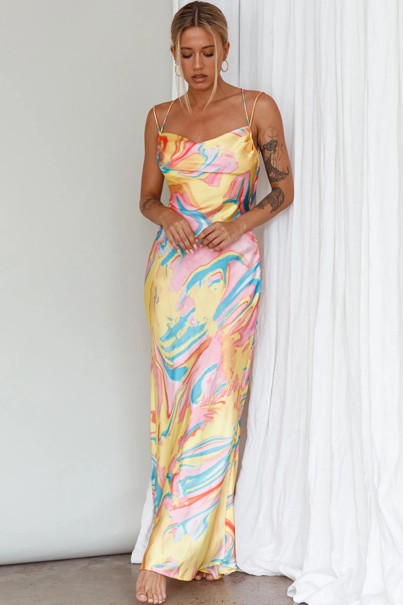 Moment With You Ruched Bust Midi Dress Swirl Yellow/Green