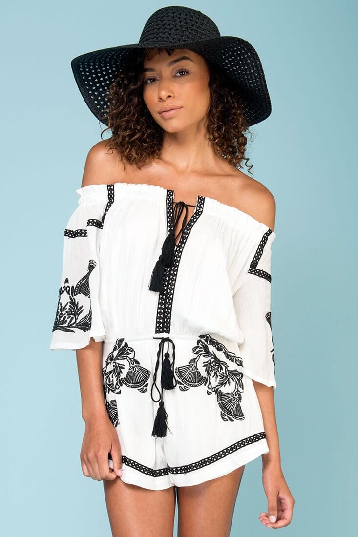 Gabriella Embroidered Tassel Romper White