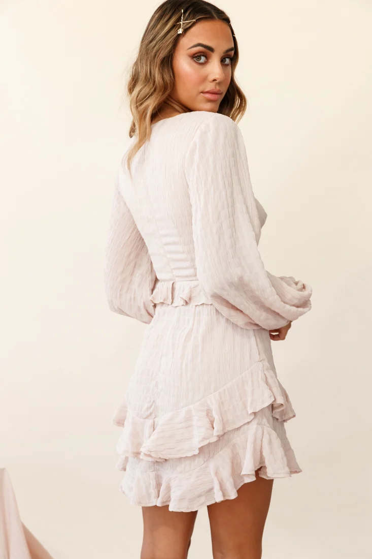 Queenie Long Balloon Sleeve Ruffle Trim Dress Beige