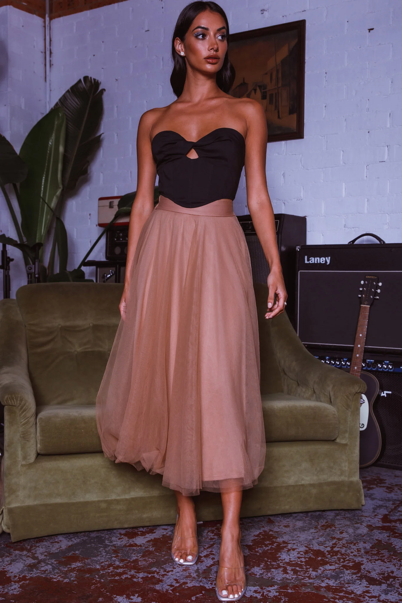 Jasmine Organza Mesh Elasticated Waist Midi Skirt Brown