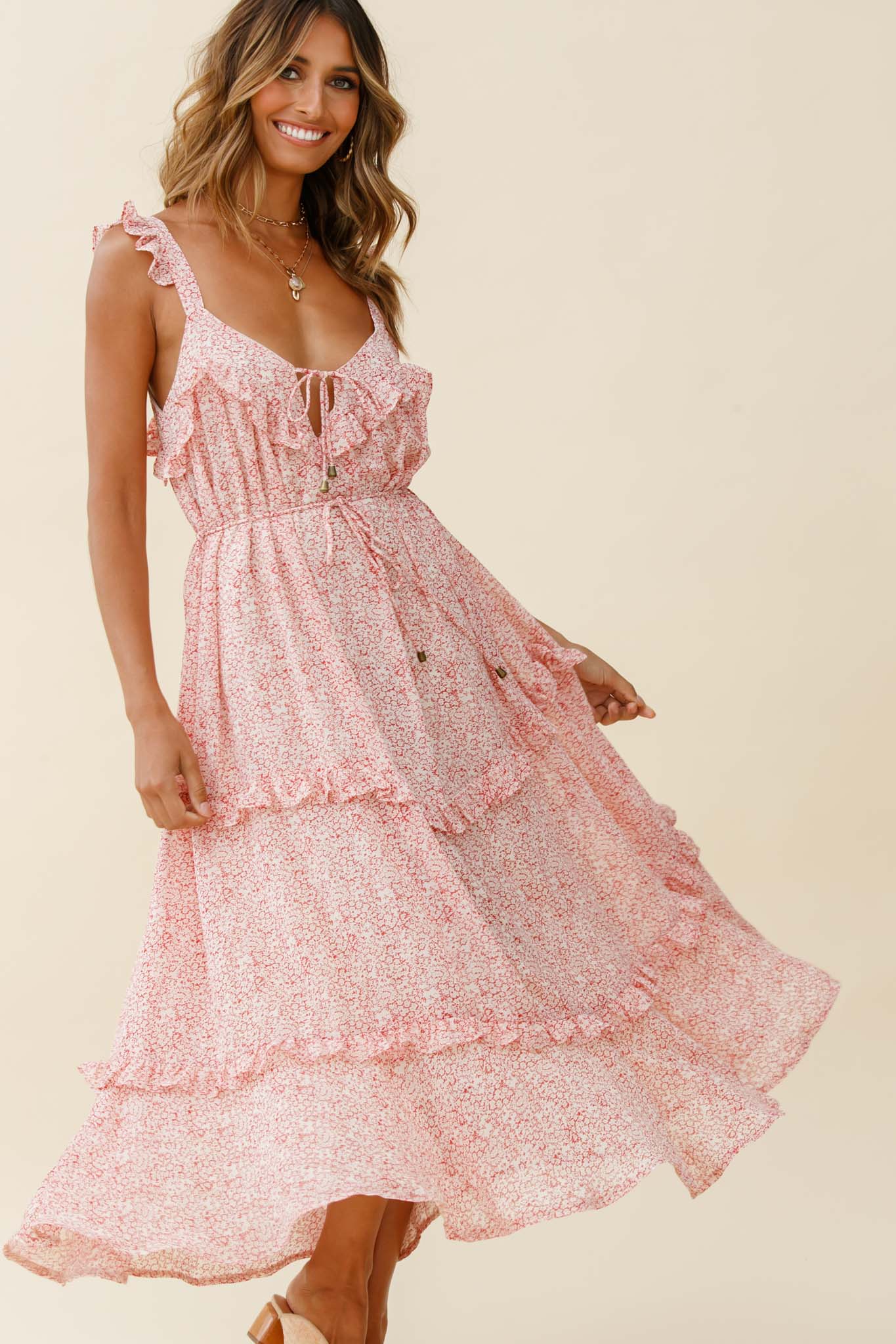 Priscilla Tied Bust Frill Detail Maxi Dress Floral Print Red