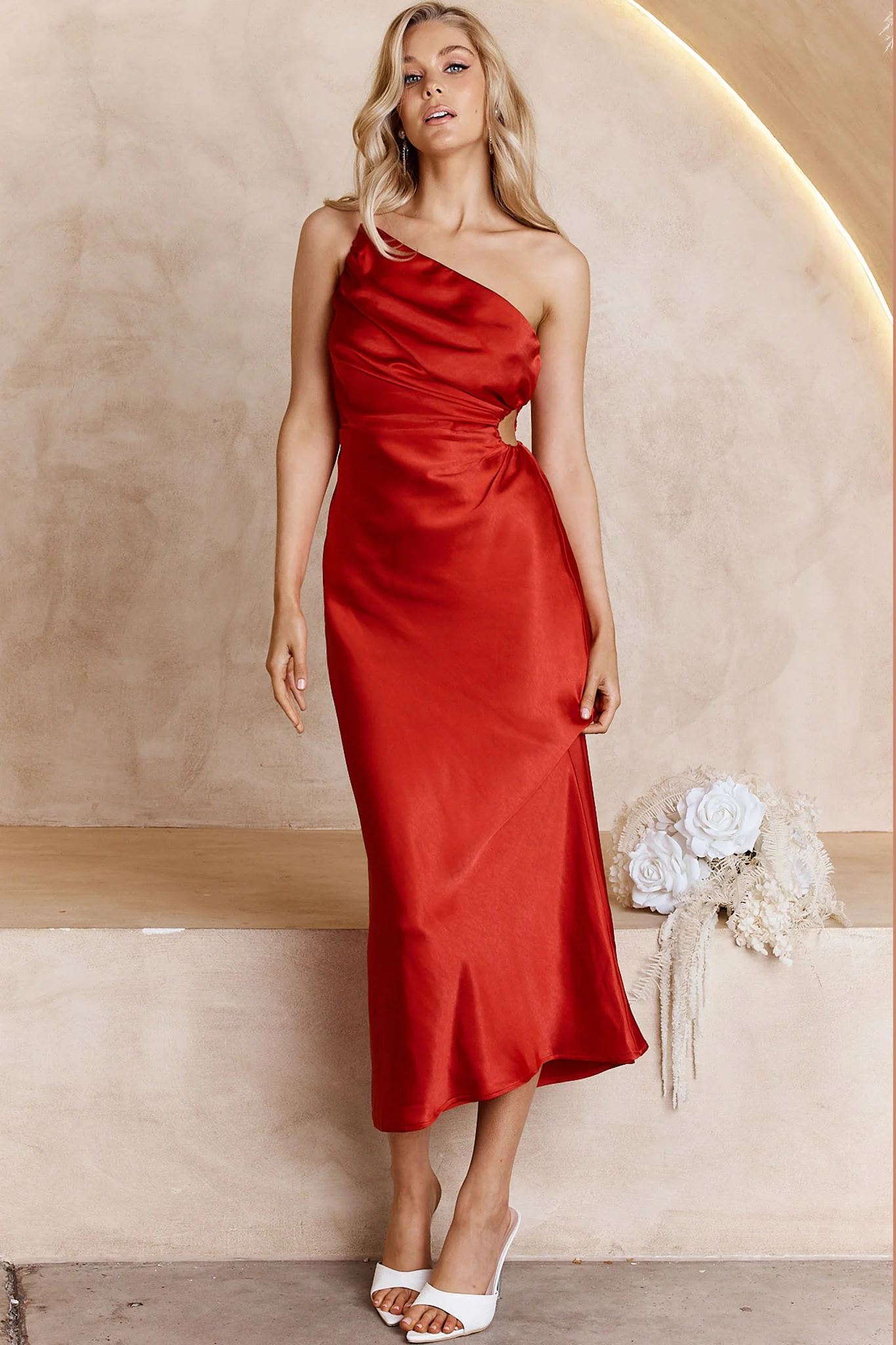 Taking Bets One Shoulder Satin Midi Dress Red