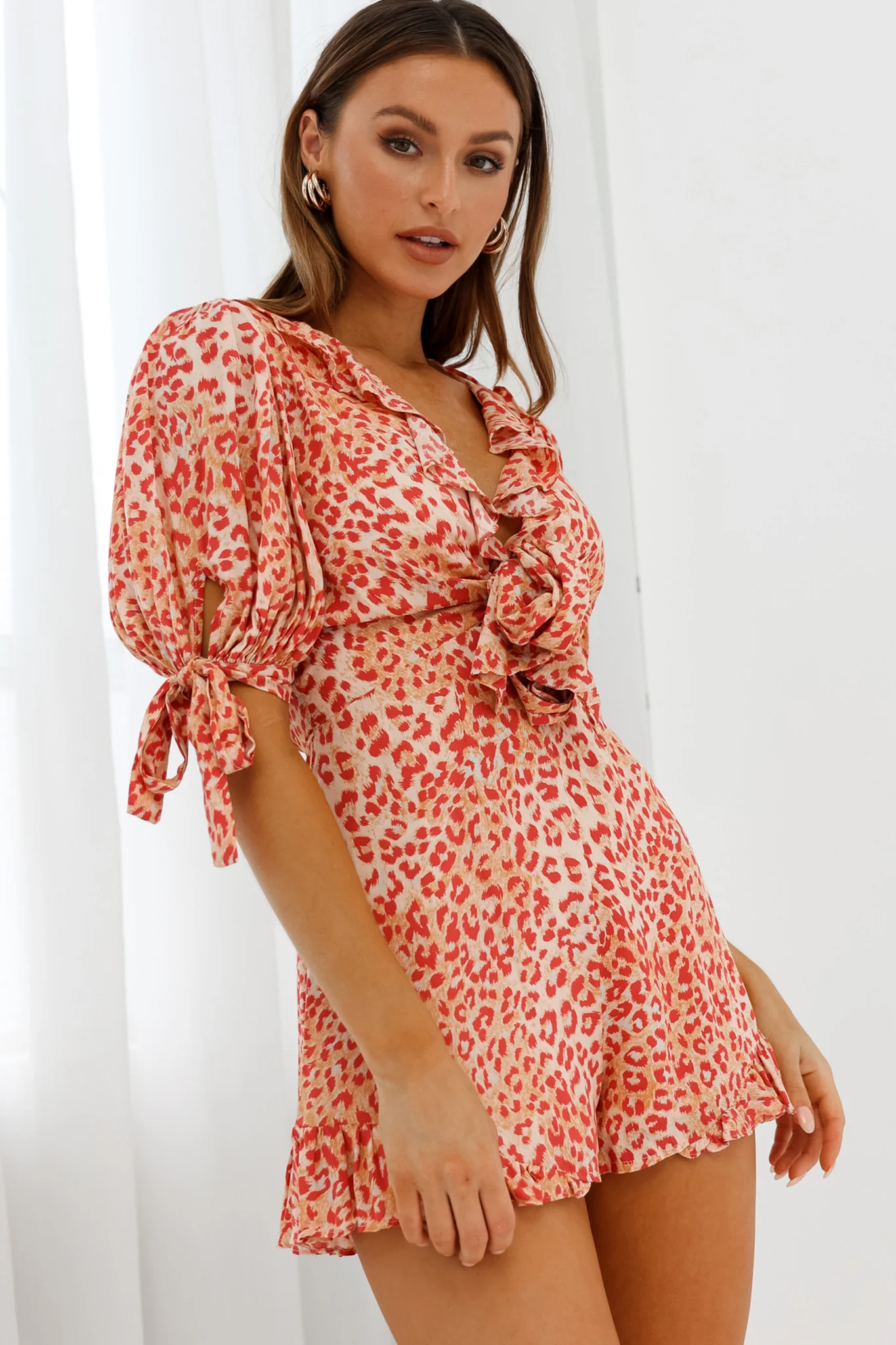 Francine Short Sleeve Tied Bust Romper Leopard Print Orange