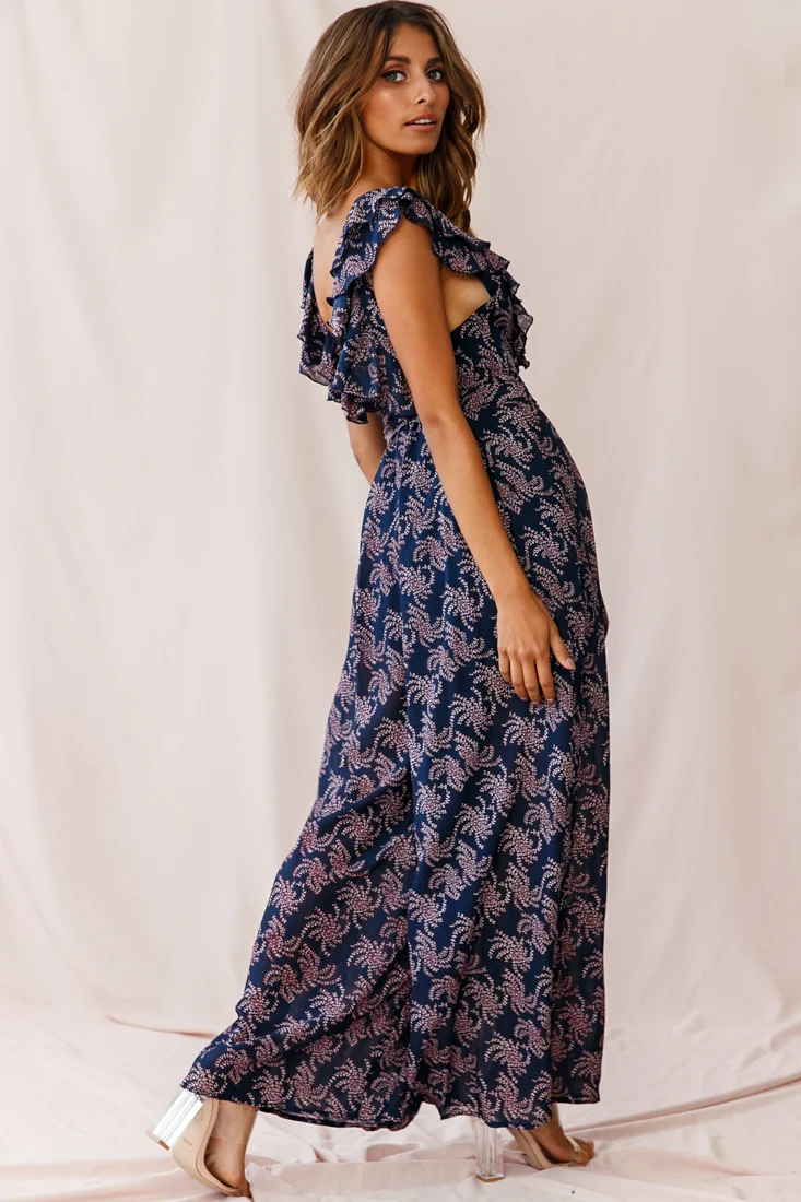 Marcia Ruffle Strap Wide Leg Jumpsuit Floral Print Navy/Pink
