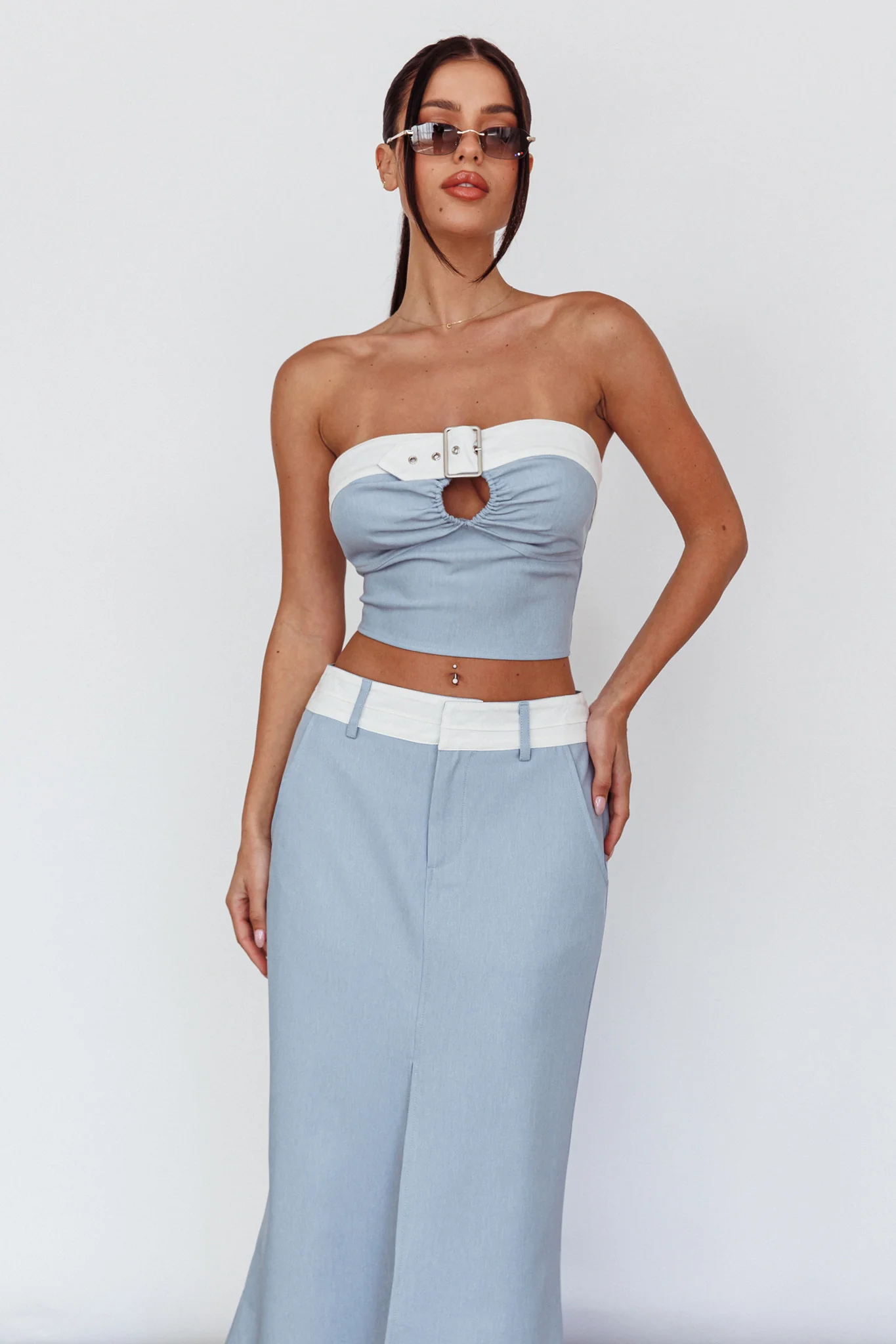 In My Era Front Split Midi Skirt Washed Blue