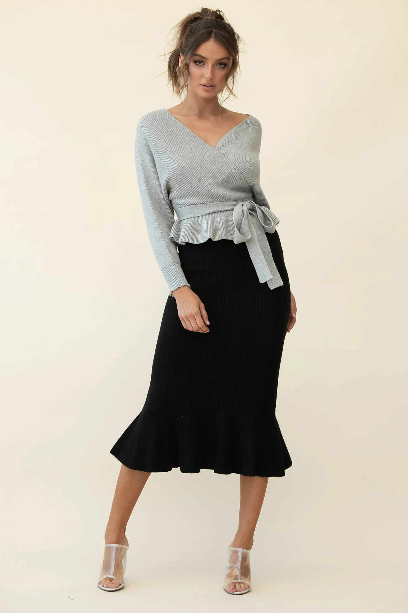 Shalon Ribbed Knit Fluted Hem Midi Dress Antique Black