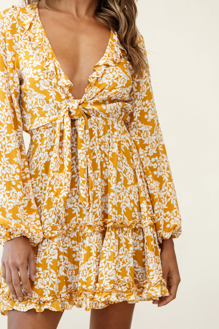 Sunny Daze Long Sleeve Tie-Knot Bust Dress Floral Print Mustard