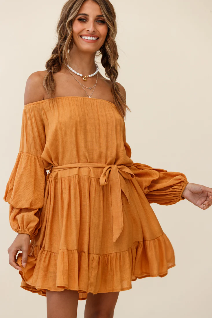 Frida Off-Shoulder Waist Tie Dress Tan