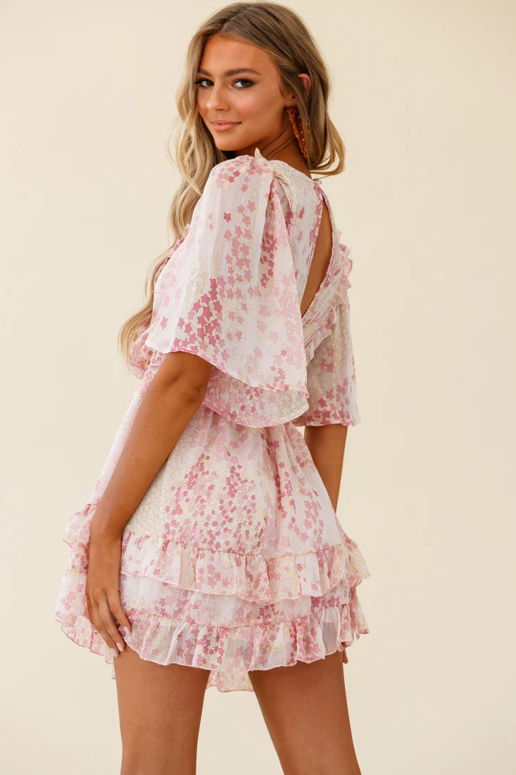 Stars Aligned Angel Sleeve Drawstring Waist Dress Star Print Pink