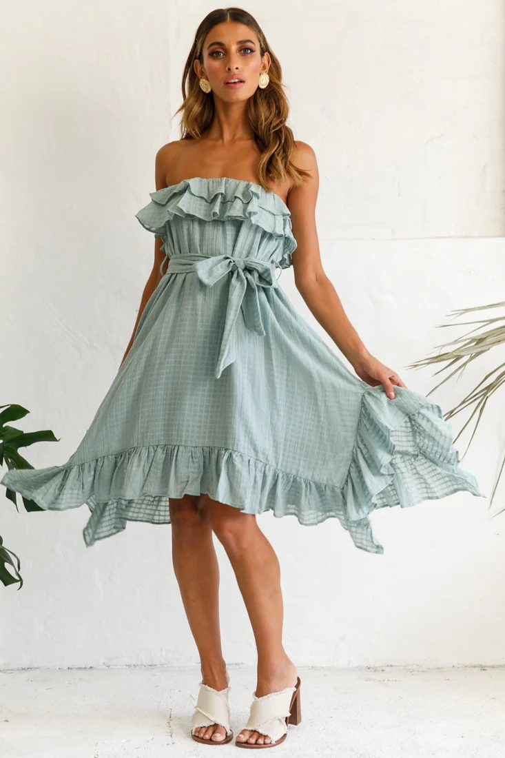 Miffy Double Frill Strapless Midi Dress Sage