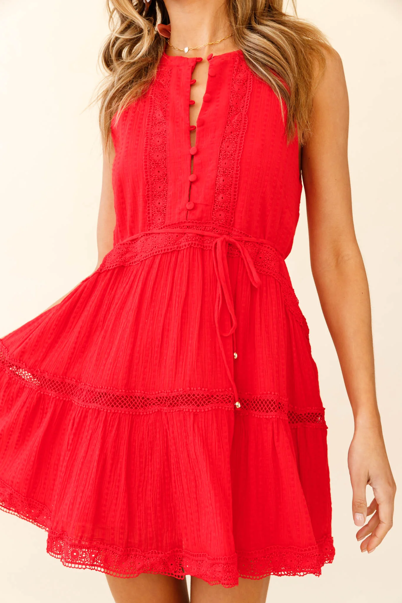 Jersey Sleeveless Button Bodice Loose Swing Dress Red