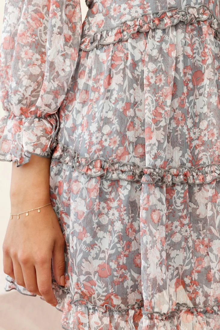 Laney Cutout Back Ruffle Trim Dress Floral Print Grey/Orange