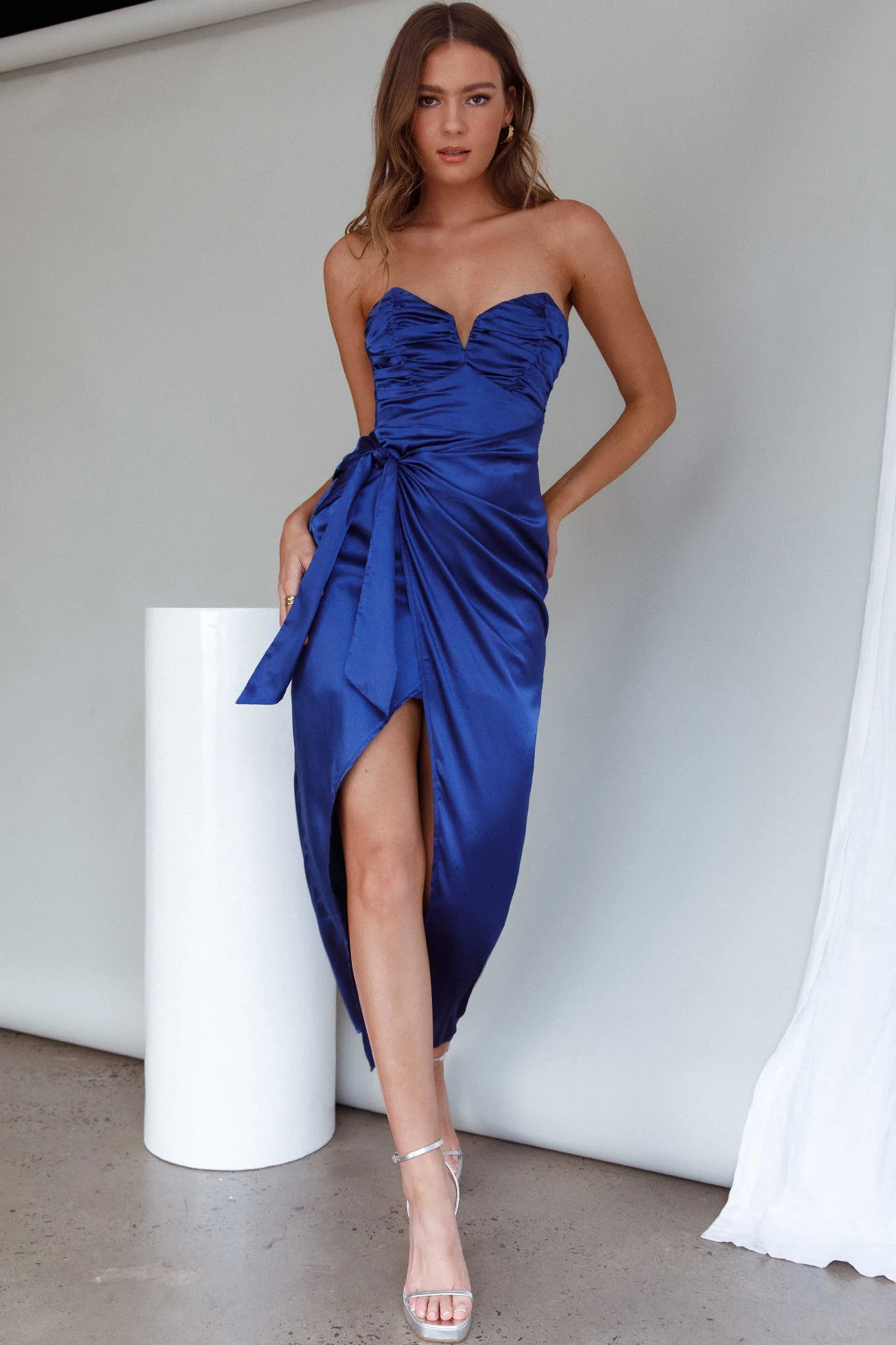 Gianna Strapless Ruched Bust Midi Dress Navy