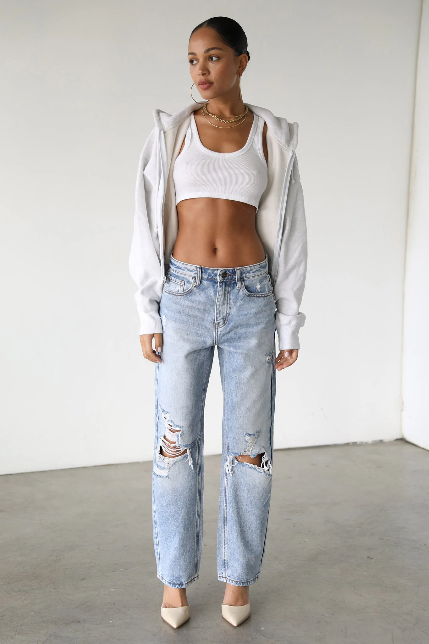 DOGMA High Rise Straight Leg Denim Jeans Distressed Light Wash