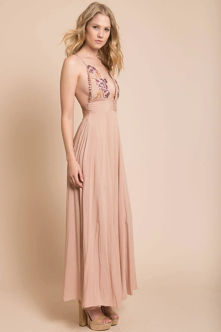 Summer Wedding Embroidered Floral Maxi Dress Mocha
