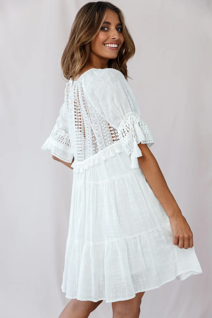Jada Crochet and Tassel Kaftan Dress White