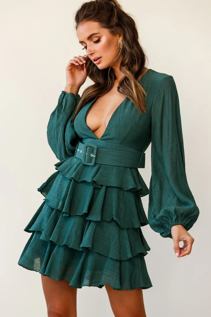 Queensland Balloon Sleeve Tiered Frill Belt Dress Green