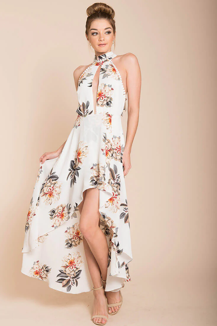Natalee Floral High to Low Dress White