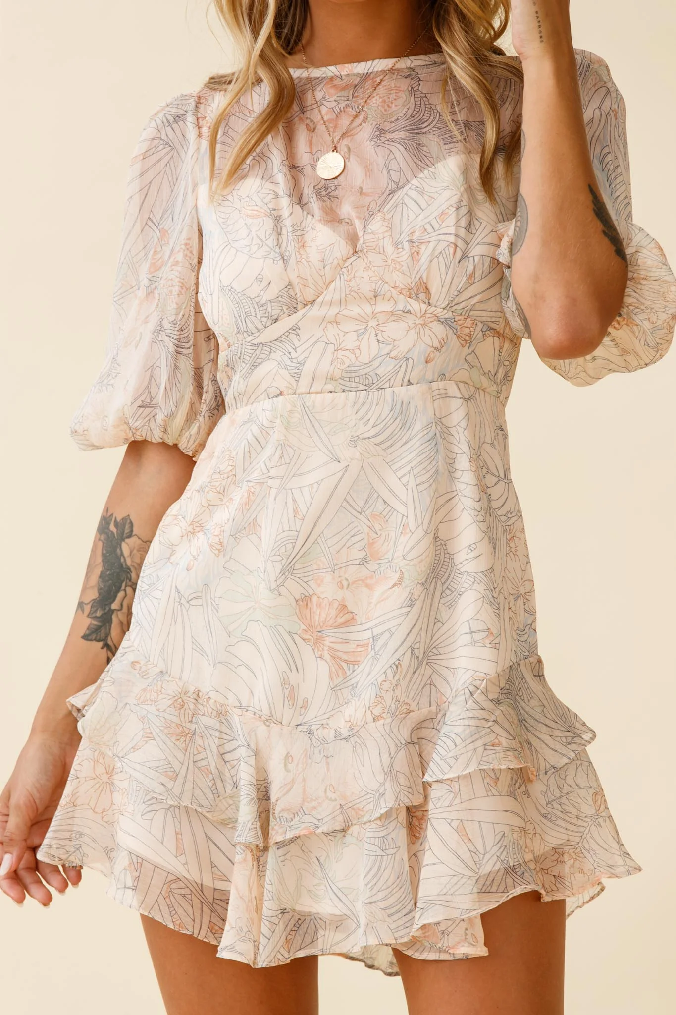 She Knows Puff Sleeve Ruffle Trim Dress Botanic Print Nude