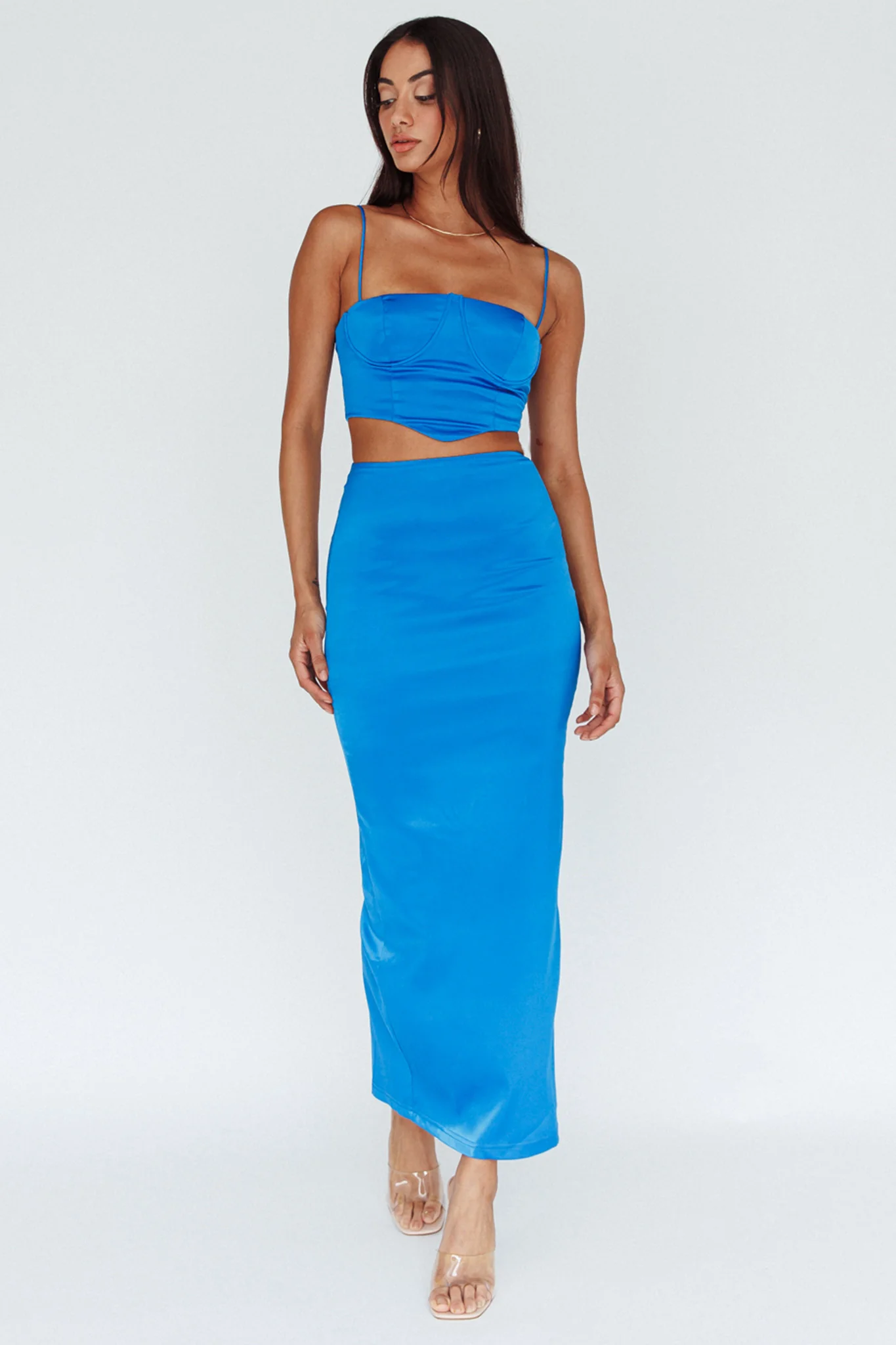 Zeina Satin Midi Skirt Blue