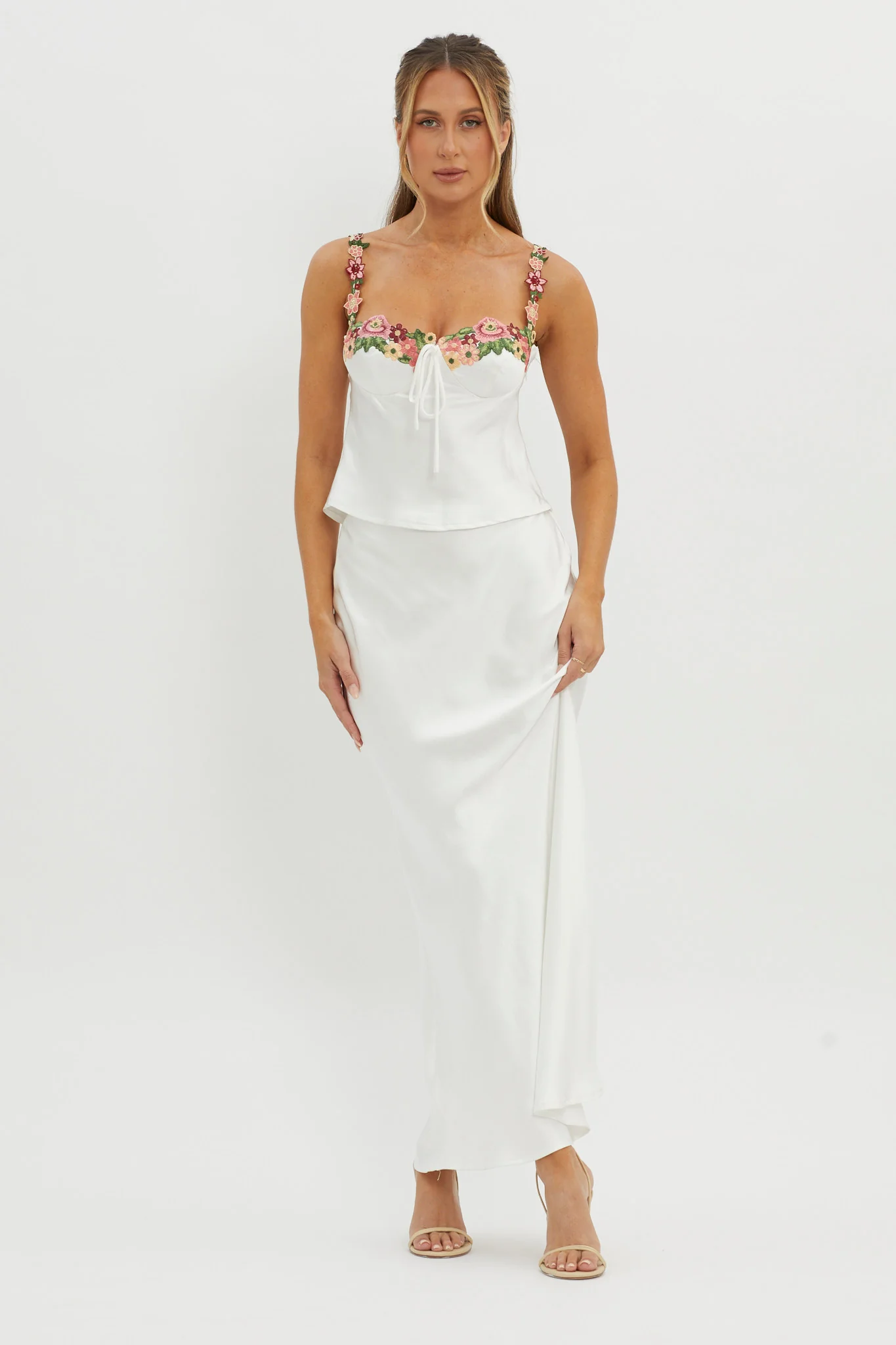 Rose Garden Satin Maxi Skirt White