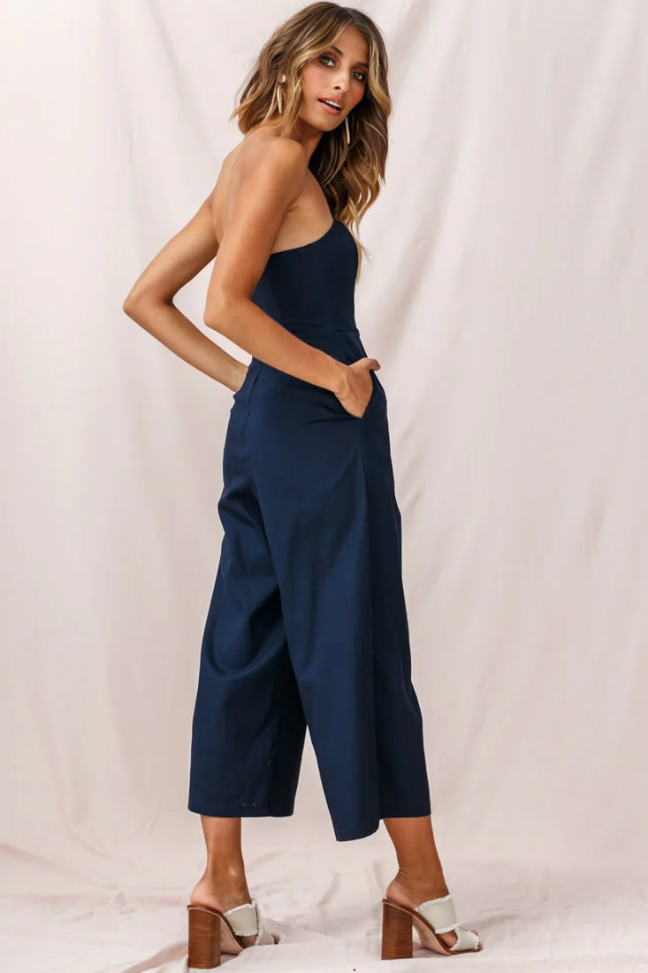 Call Me Wide-Leg Linen Bandeau Jumpsuit Navy
