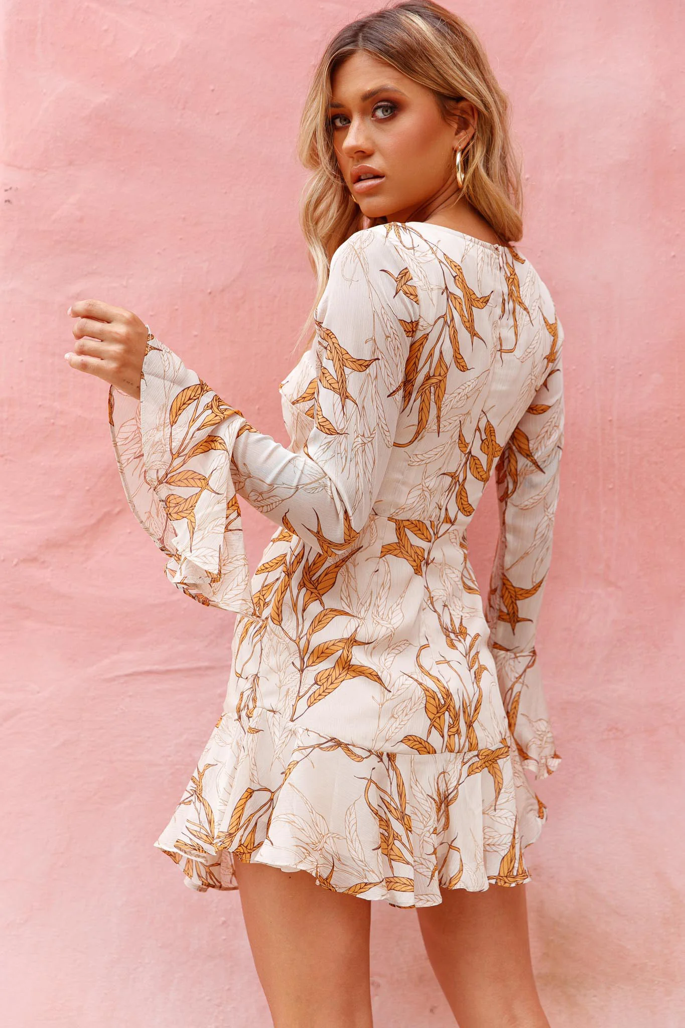 Adalia Long Sleeve Flared Cuff Dress Leaf Print Beige